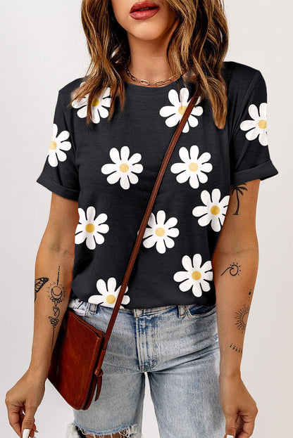 Sky Blue Daisy Print Crewneck T Shirt - The Fair Lady Shop