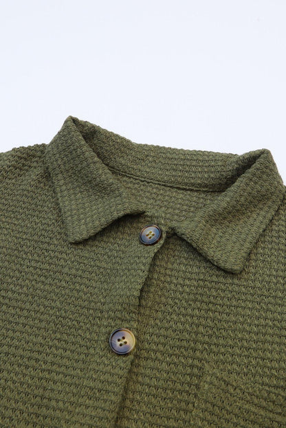 Khaki Waffle Knit Pocket Button Front Shacket - The Fair Lady Shop