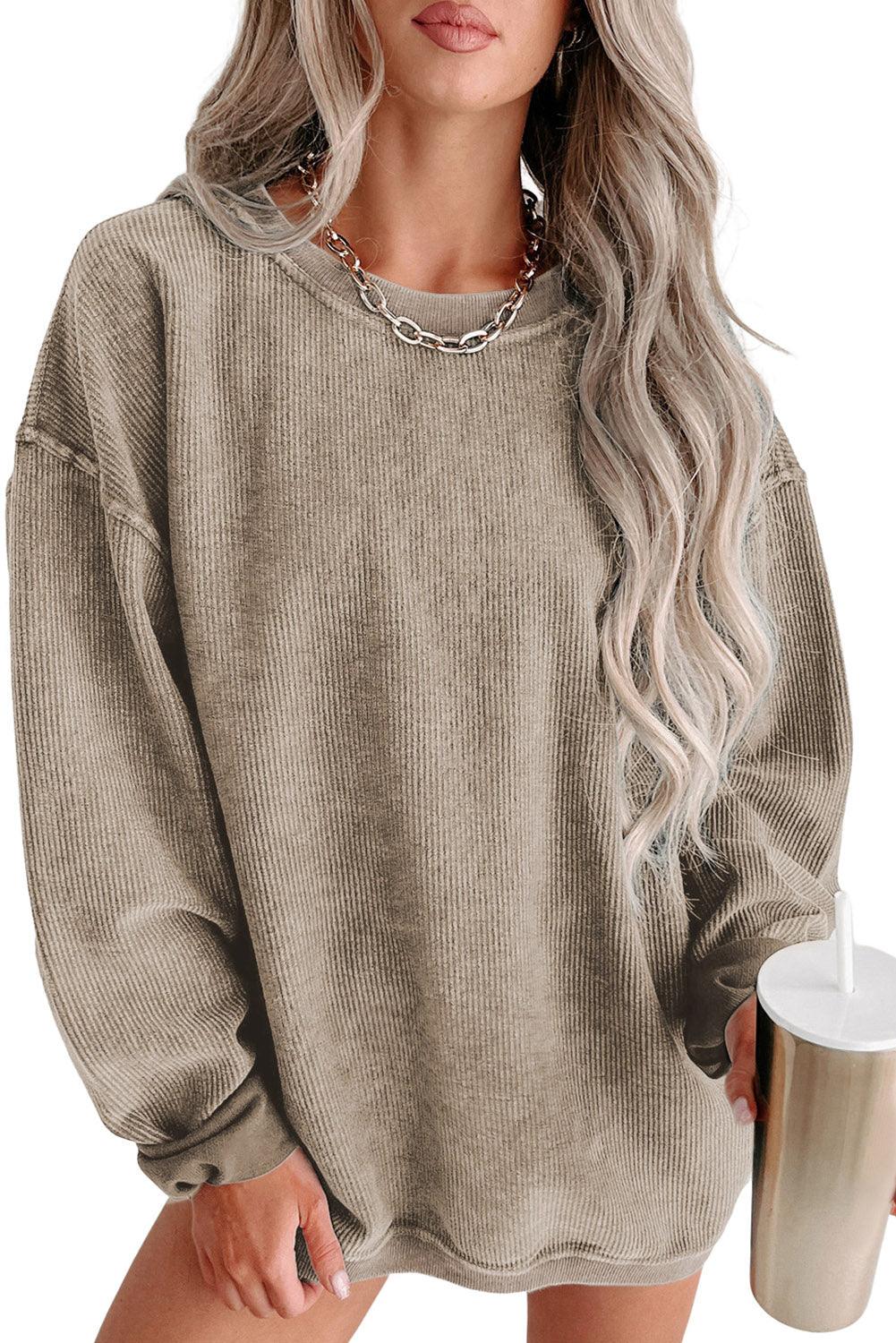 Khaki Solid Ribbed Round Neck Pullover Sweatshirt - The Fair Lady Shop