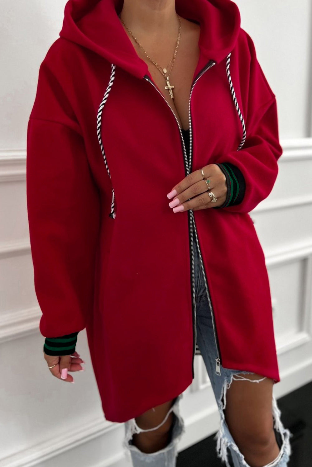 Racing Red Contrast Cuffed Drop Shoulder Zip up Tunic Hoodie
