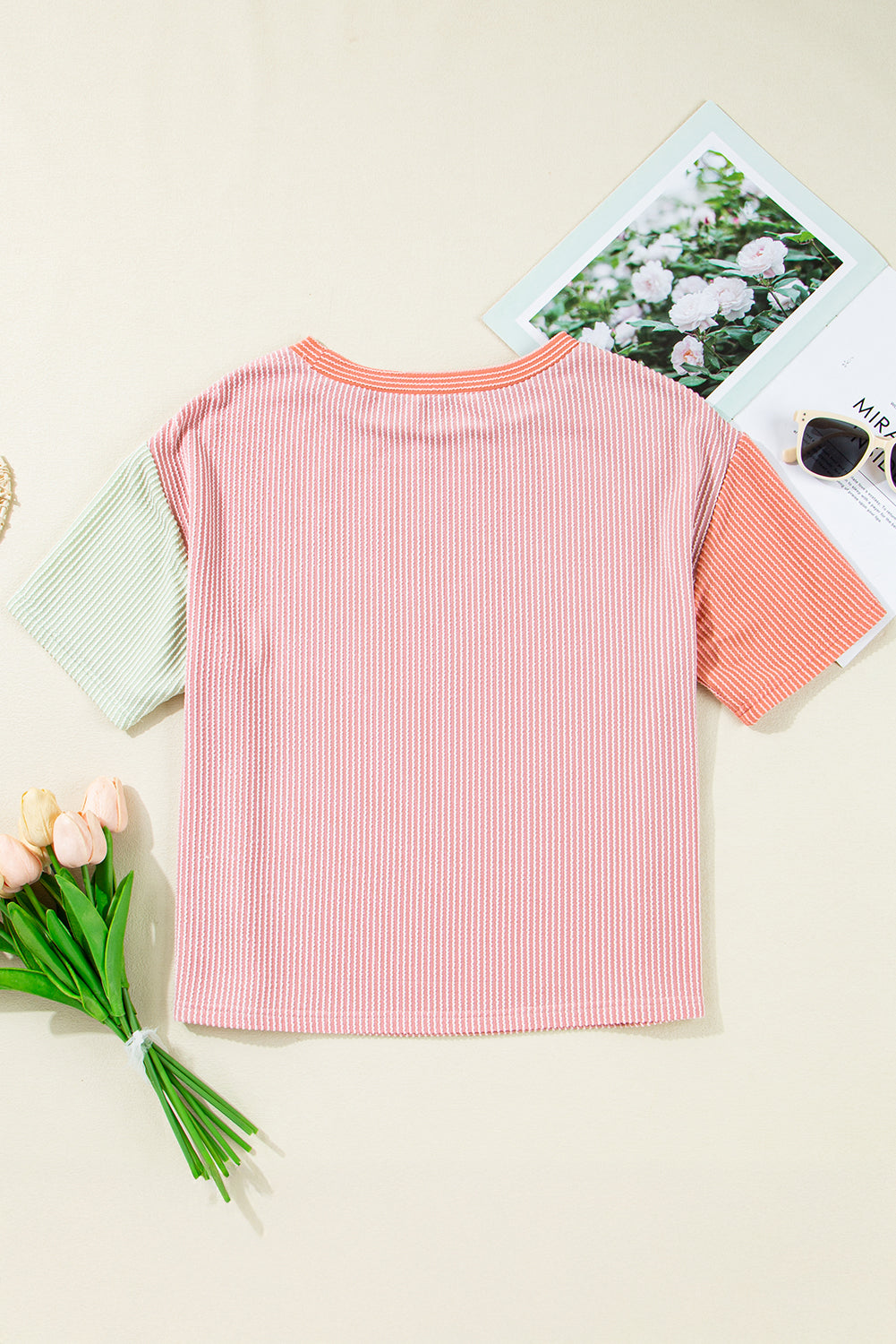 Rose Red Corded Colorblock Crewneck Tee