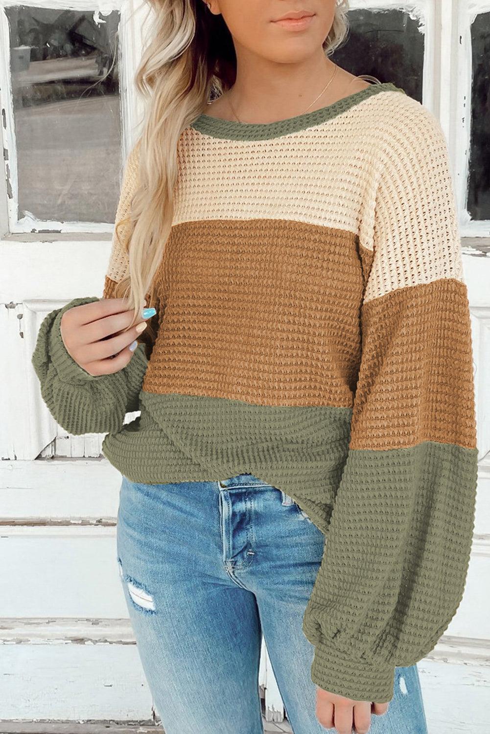 Green Waffle Knit Color Block Drop Sleeve Loose Top - The Fair Lady Shop