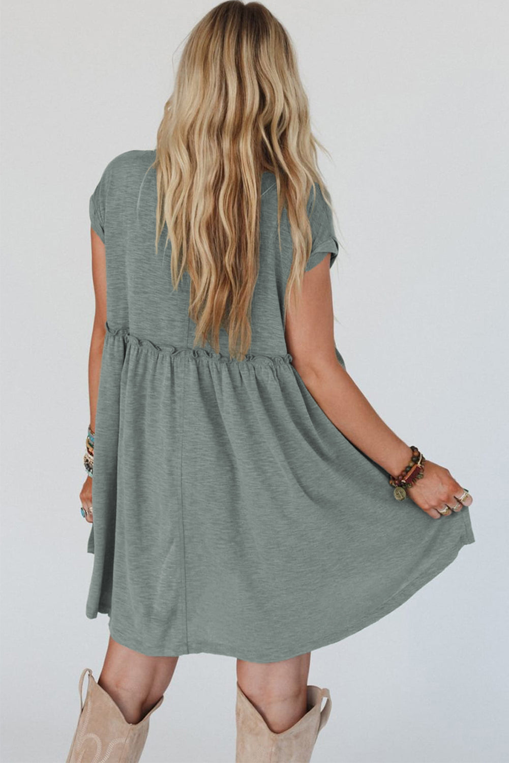 Mist Green Frilled Seam Round Neck T Shirt Dress - The Fair Lady Shop