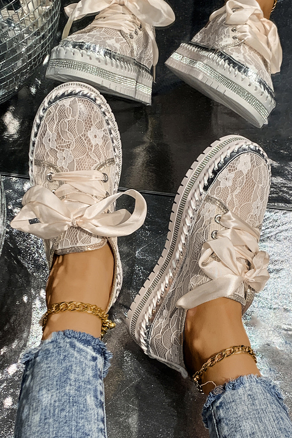 White Floral Mesh Thick Sole Sneakers