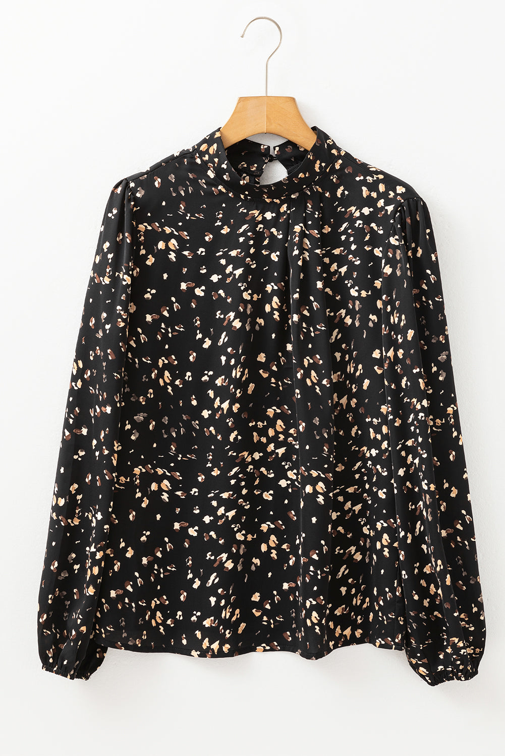Black Leopard Print Puff Sleeve Mock Neck Pleated Blouse - The Fair Lady Shop