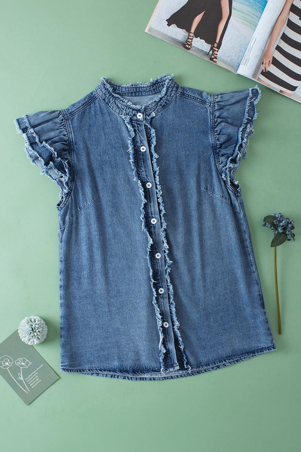 Ashleigh Blue Button Front Ruffled Flutter Frayed Denim Top - The Fair Lady Shop