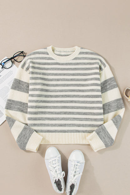 Gray Stripe Drop Shoulder Crew Neck Sweater - The Fair Lady Shop