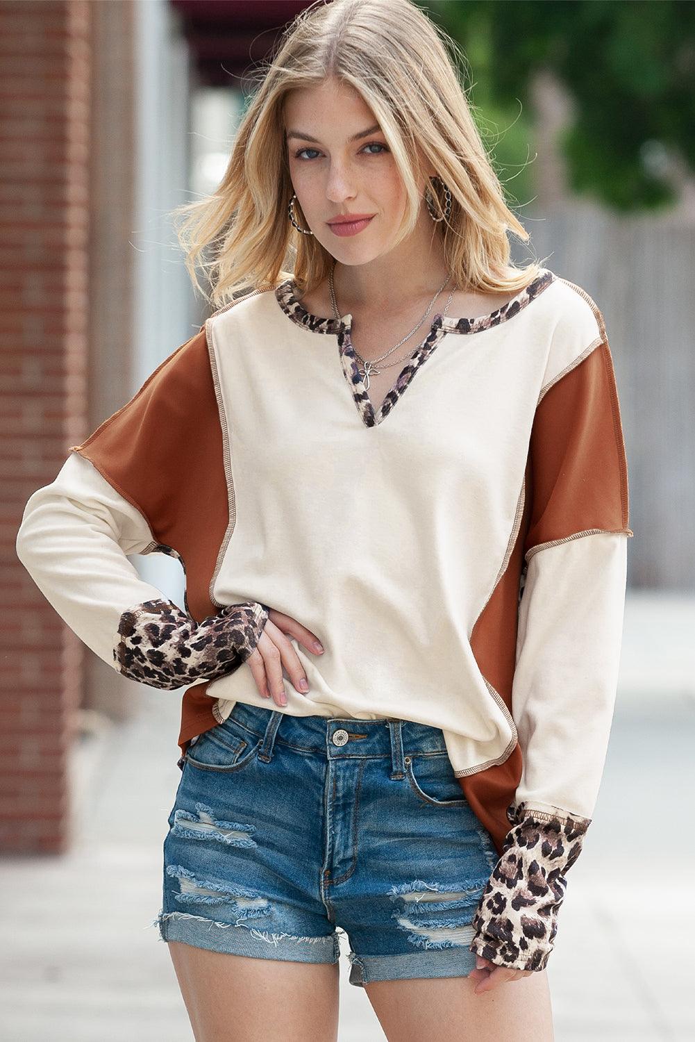 White Leopard Patchwork Notch Neck Thumbhole Long Sleeve Top - The Fair Lady Shop