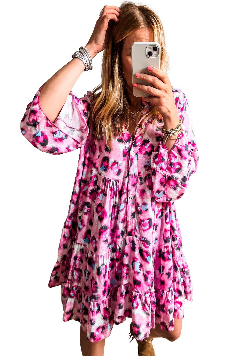 Black Leopard Button V Neck Flowy Mini Dress - The Fair Lady Shop