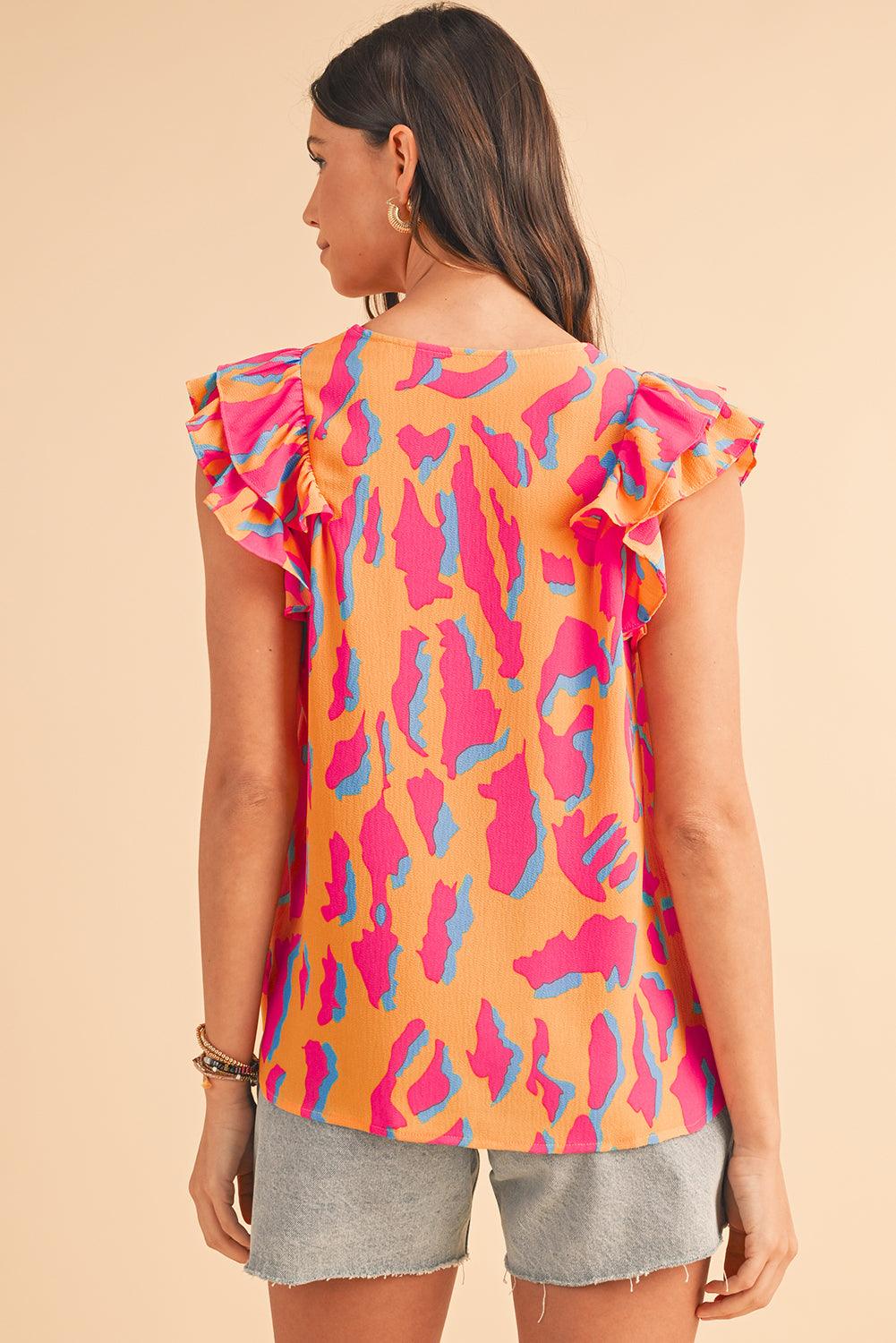 Orange Abstract Print V Neck Ruffled Sleeve Blouse - The Fair Lady Shop