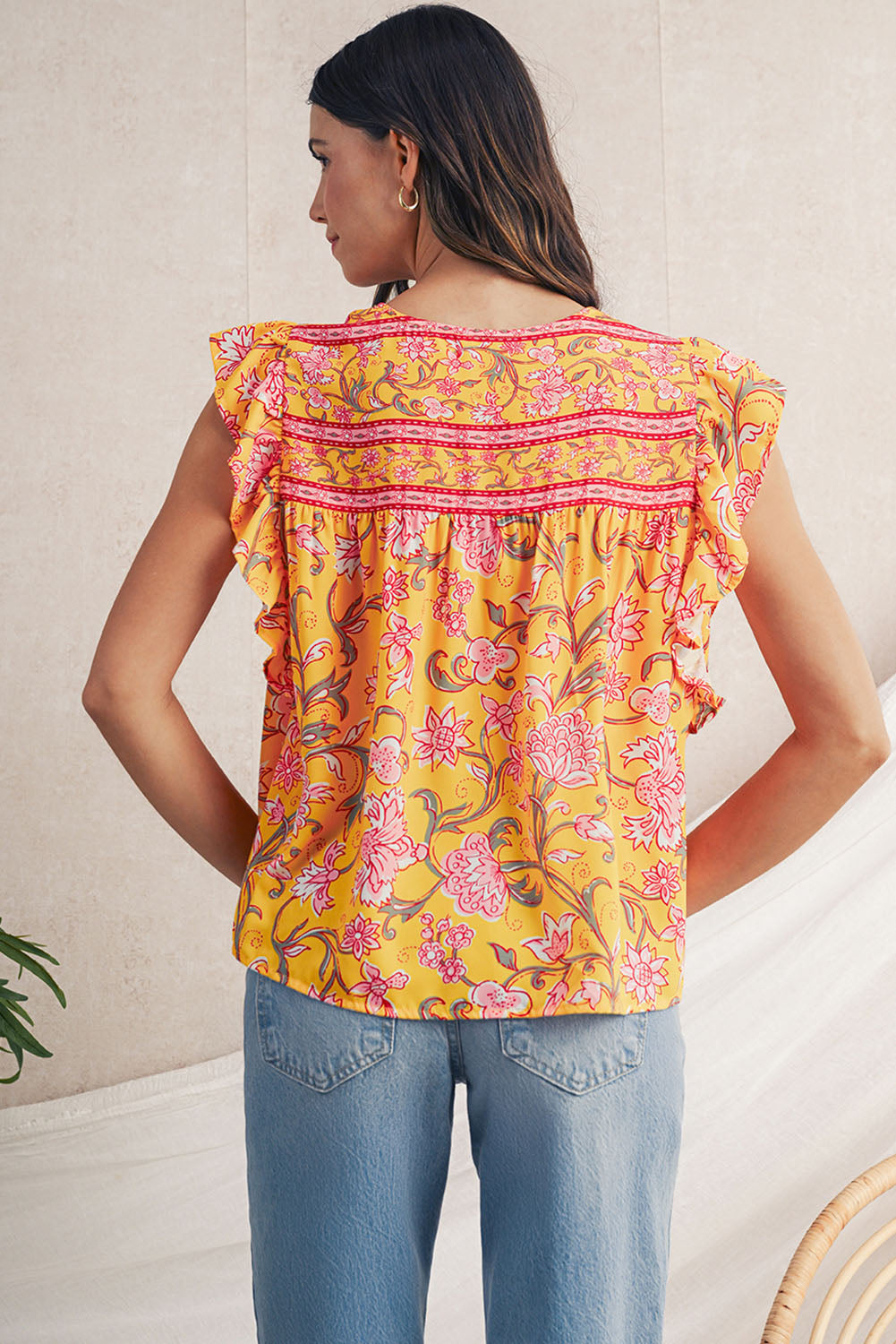Yellow Floral Ruffle Shoulder V Neck Flowy Blouse - The Fair Lady Shop