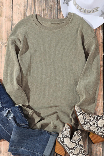 Khaki Solid Ribbed Round Neck Pullover Sweatshirt - The Fair Lady Shop