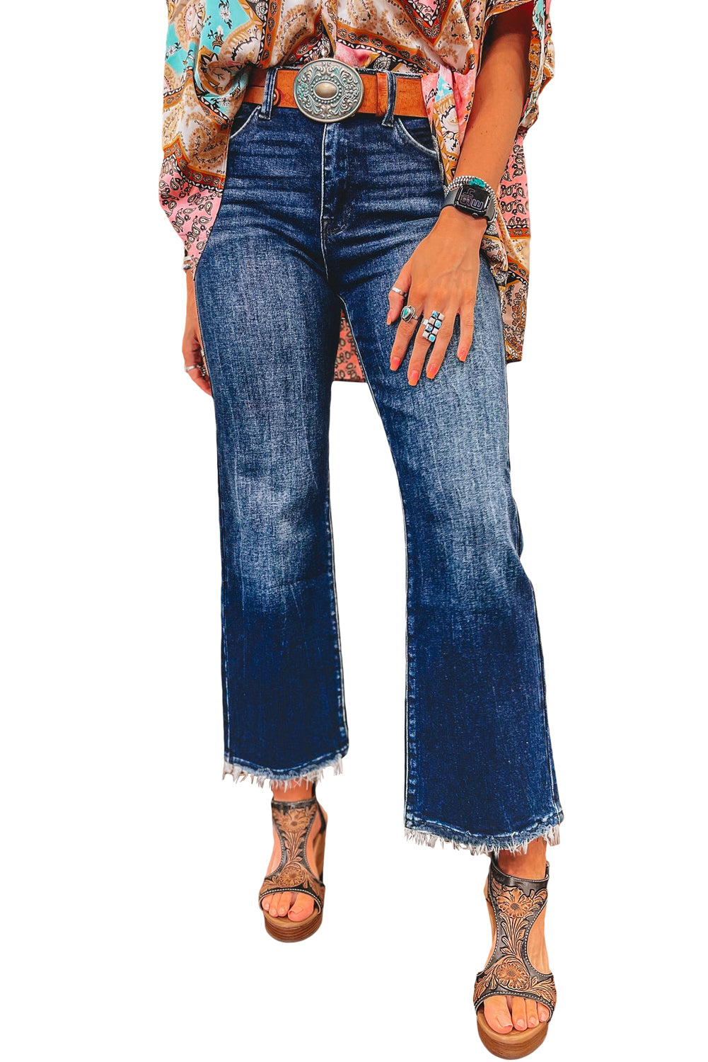 Sail Blue Mineral Wash Raw Hem High Waist Flared Jeans - The Fair Lady Shop