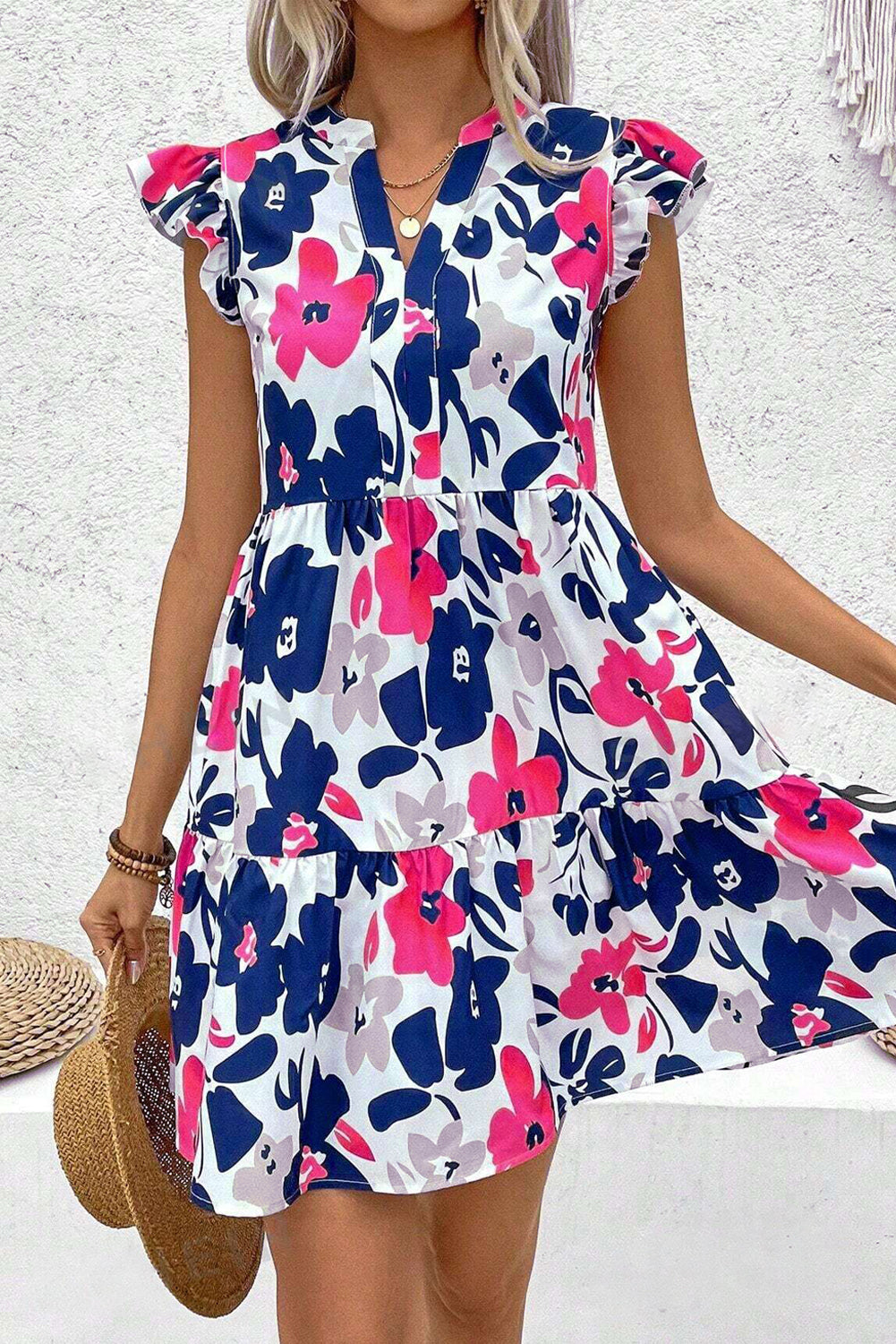 Rose Floral Print Notched Neck Flutter Sleeve Mini Dress - The Fair Lady Shop