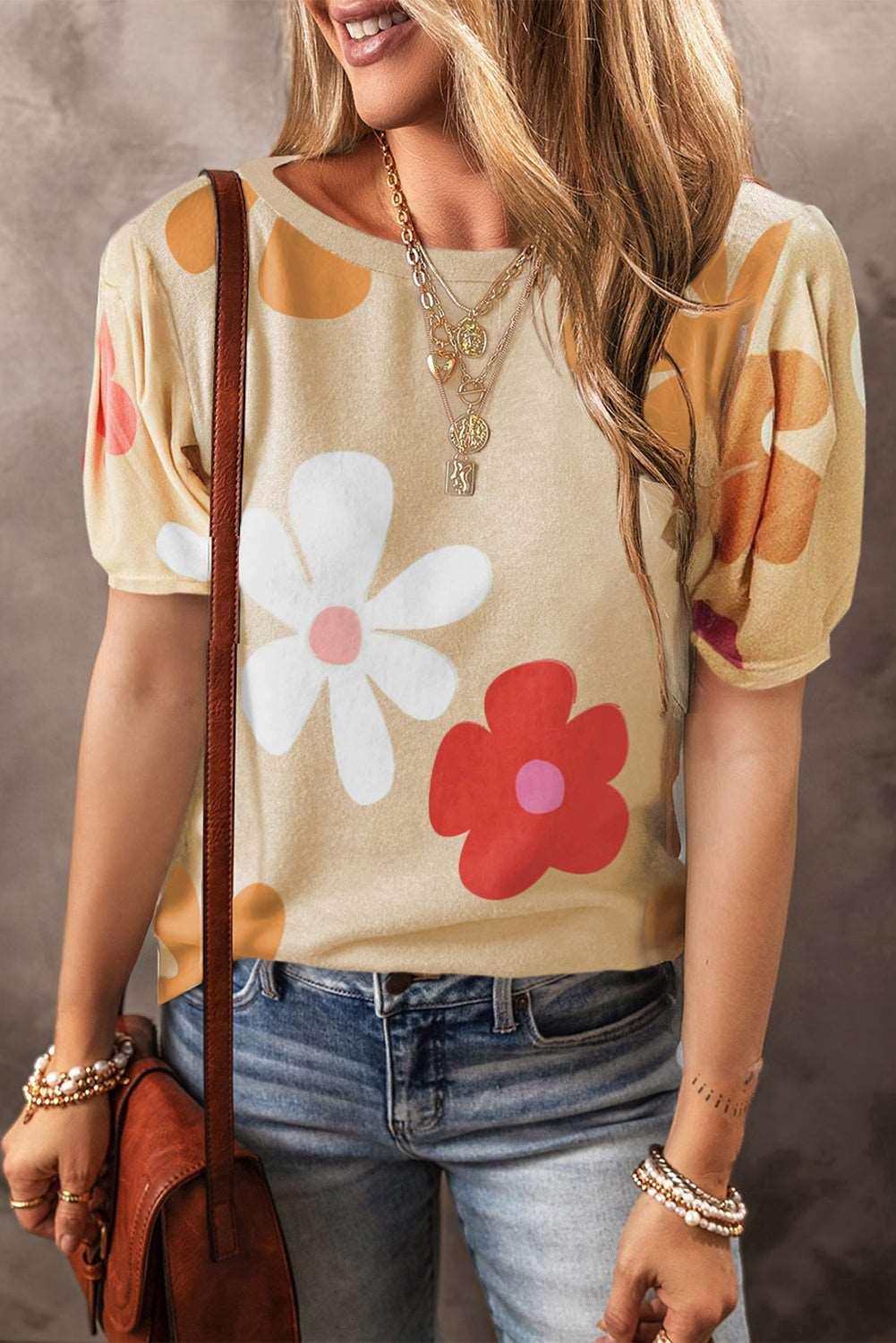 Apricot Colorful Flower Print Bubble Sleeve Tee - The Fair Lady Shop