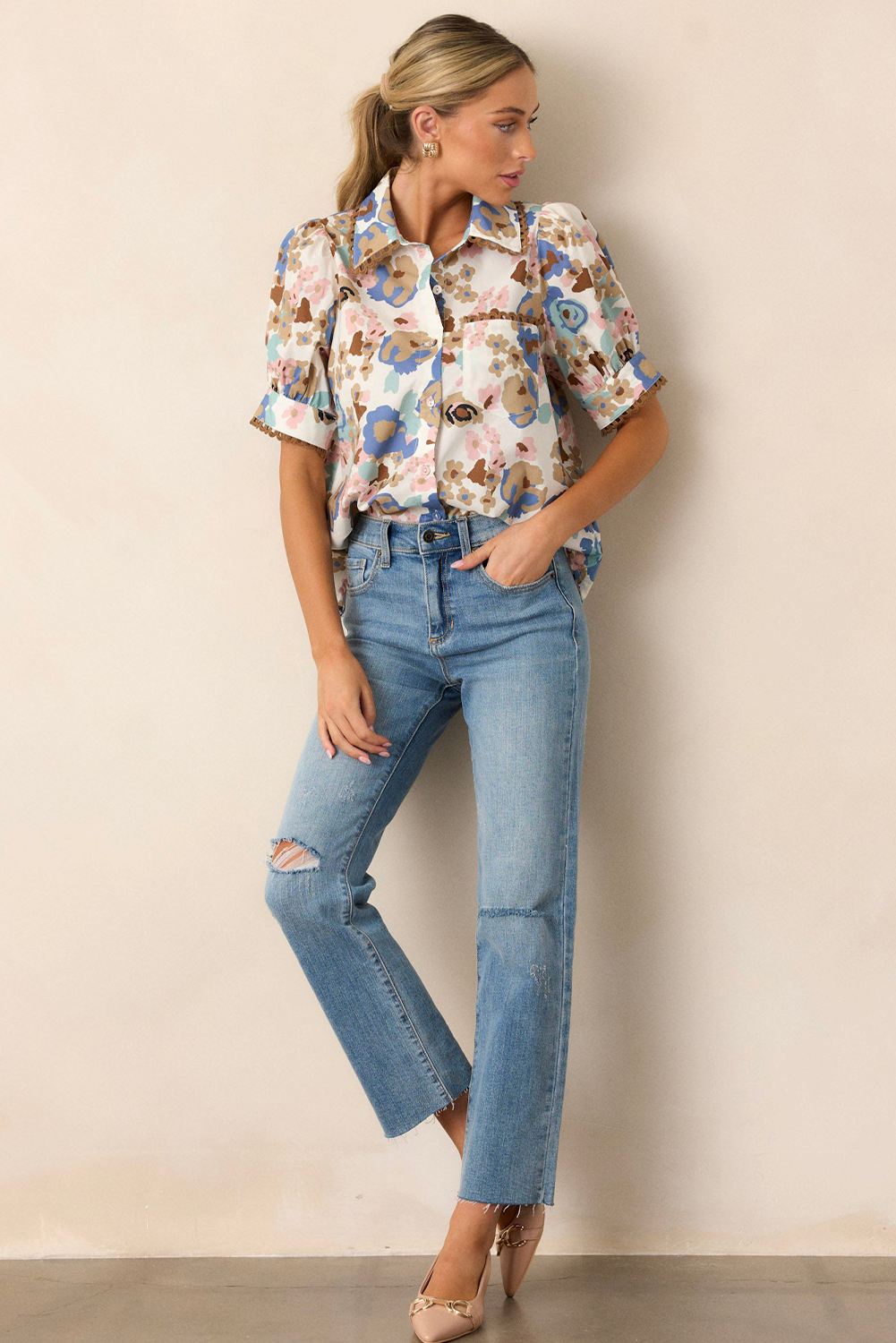 Multicolour Vintage 60s Flower Puff Sleeve Shirt - The Fair Lady Shop