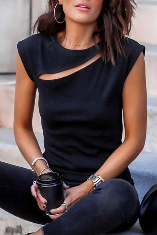 Black Solid Slash Cutout Summer Sleeveless Top - The Fair Lady Shop