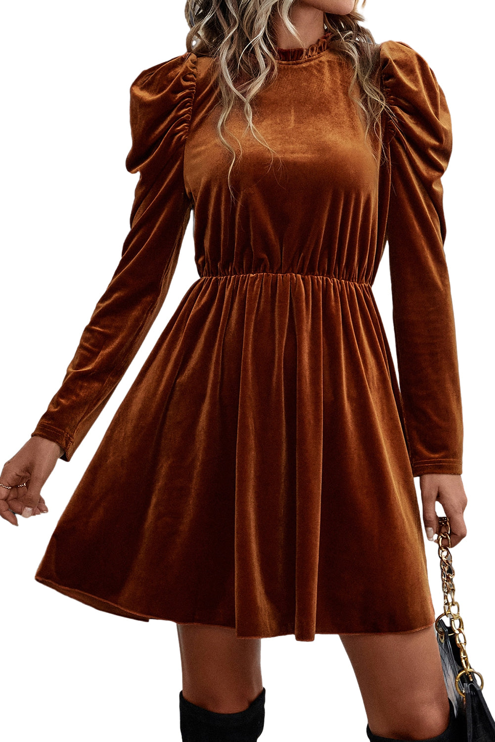 Chestnut Velvet Frilled Neck Gigot Sleeve Swing Dress - The Fair Lady Shop