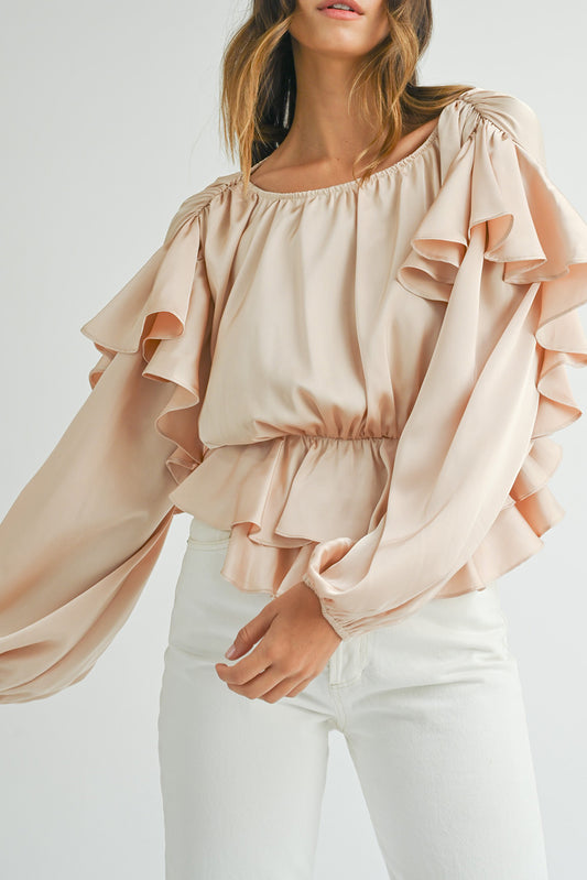 Oatmeal Elegant Satin Ruffle Long Sleeve Blouse - The Fair Lady Shop