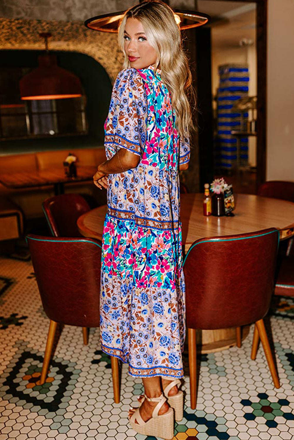 Sky Blue Mixed Floral Print Tie Split Neck Short Sleeve Dress - The Fair Lady Shop