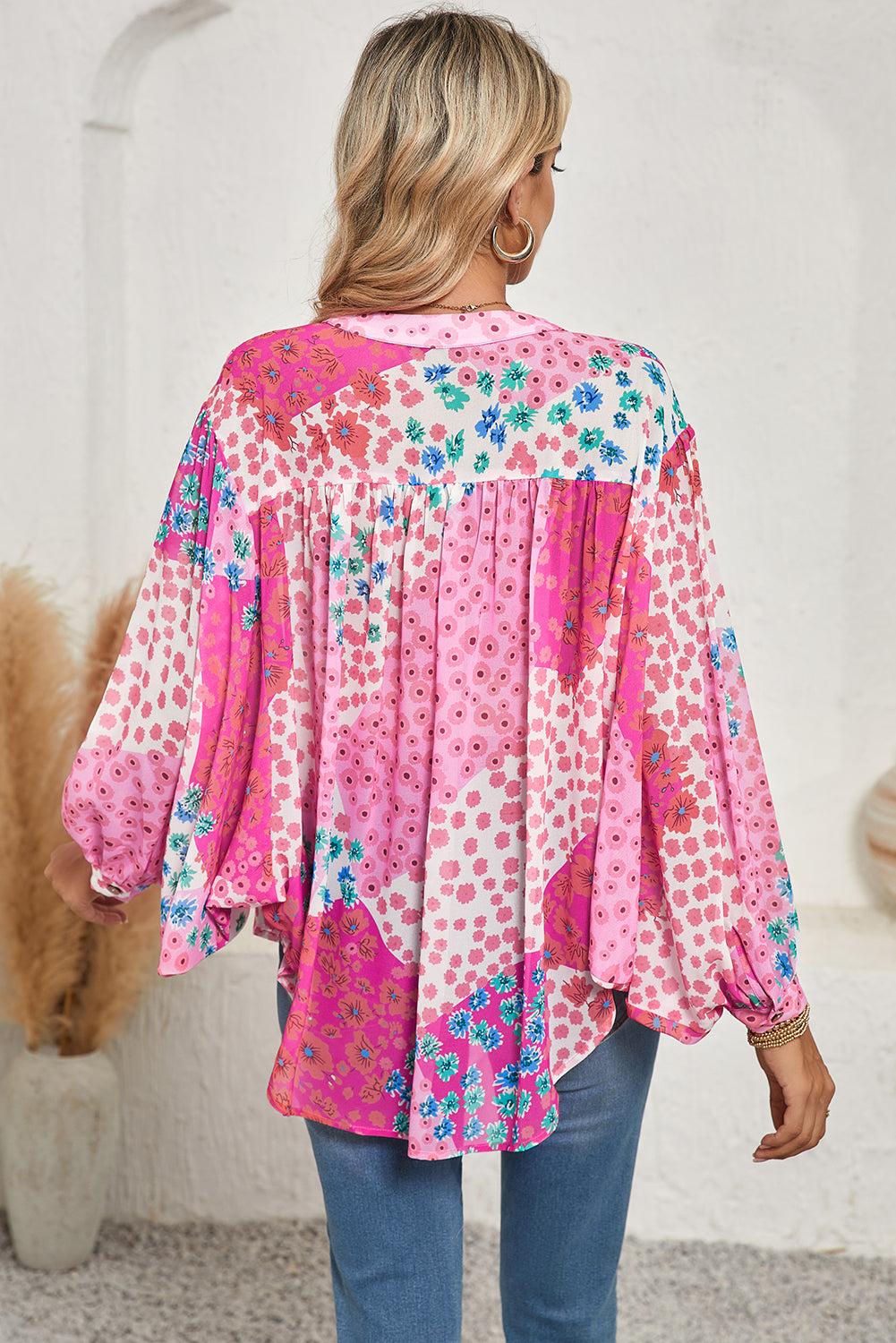 Rose Red Floral Print Dolman Sleeve Blouse - The Fair Lady Shop