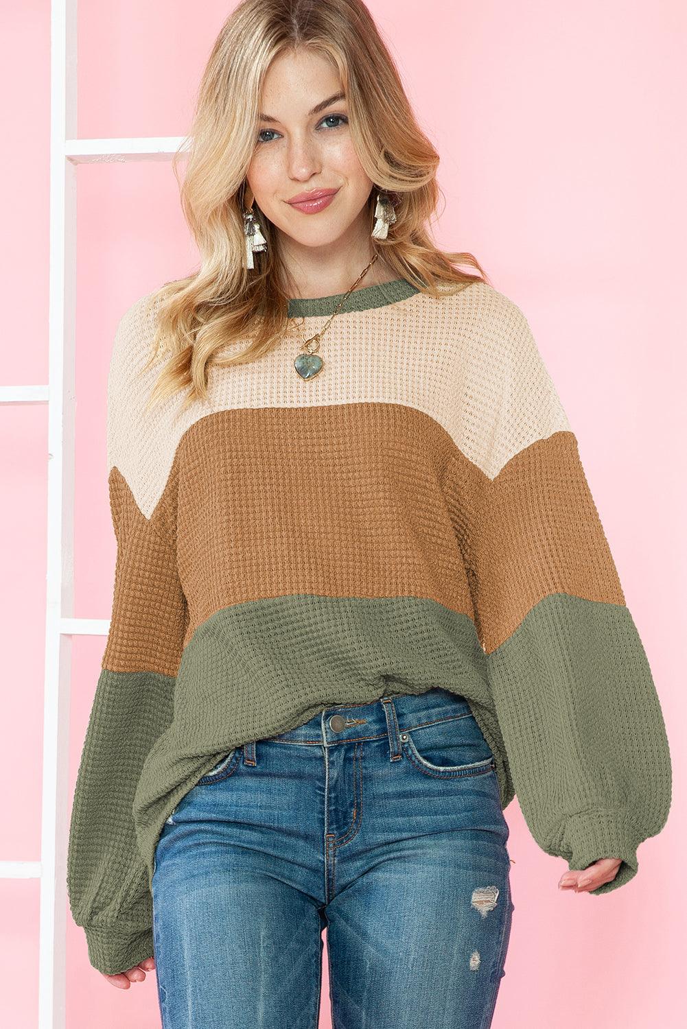 Green Waffle Knit Color Block Drop Sleeve Loose Top - The Fair Lady Shop