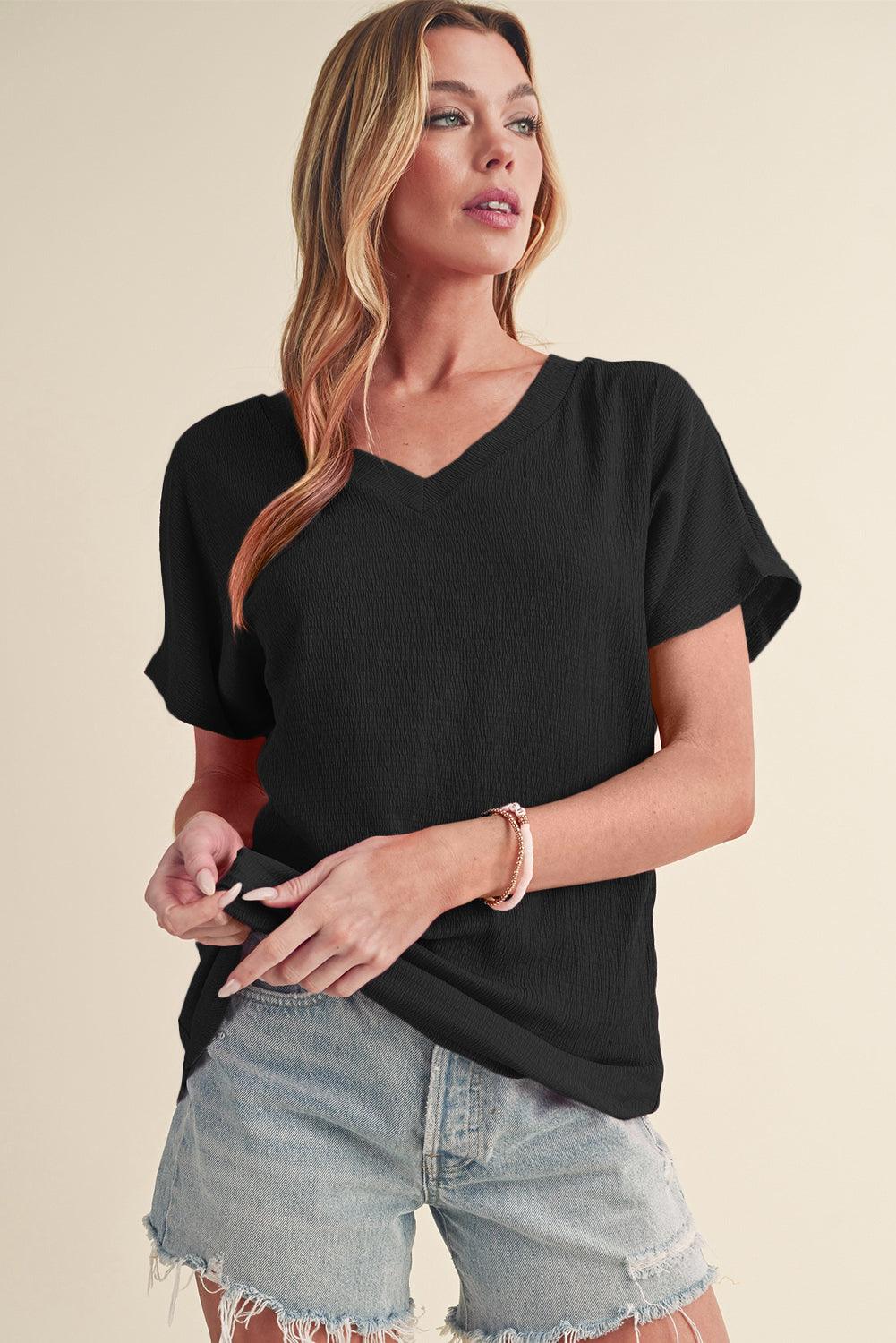 Blue Plain Crinkled V Neck Flounce Sleeve T Shirt - The Fair Lady Shop