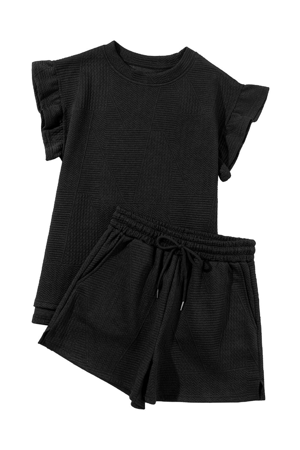 Dark Green Textured Ruffle Split Top and Drawstring Shorts Set - The Fair Lady Shop