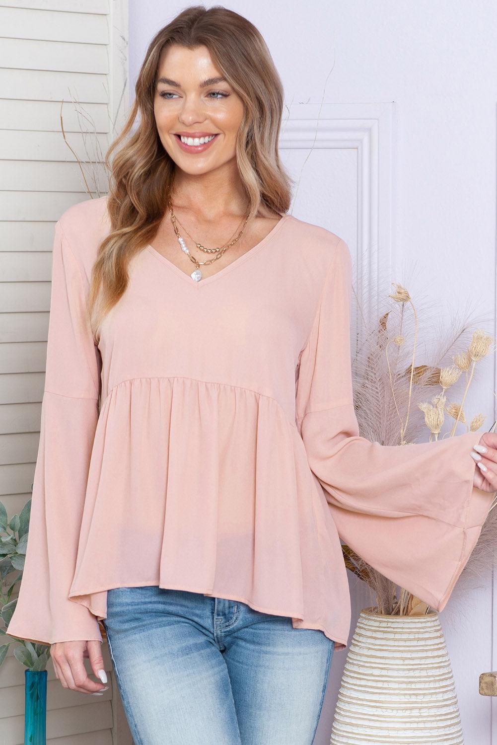 Pink Bell Sleeve Top V Neck Tie Back Peplum Blouse - The Fair Lady Shop