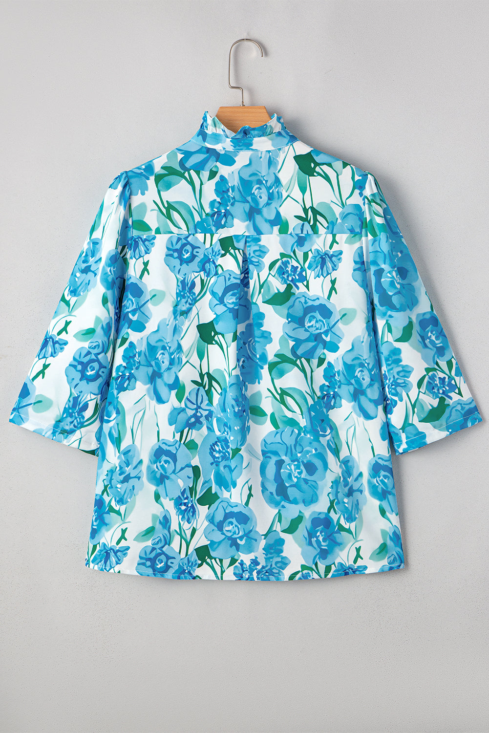 Green Floral Print Stand Neck Puff Sleeve Shirt