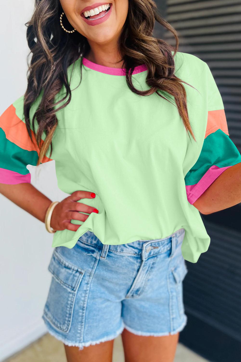 Pink Color Block Sleeve Round Neck Oversize Top - The Fair Lady Shop