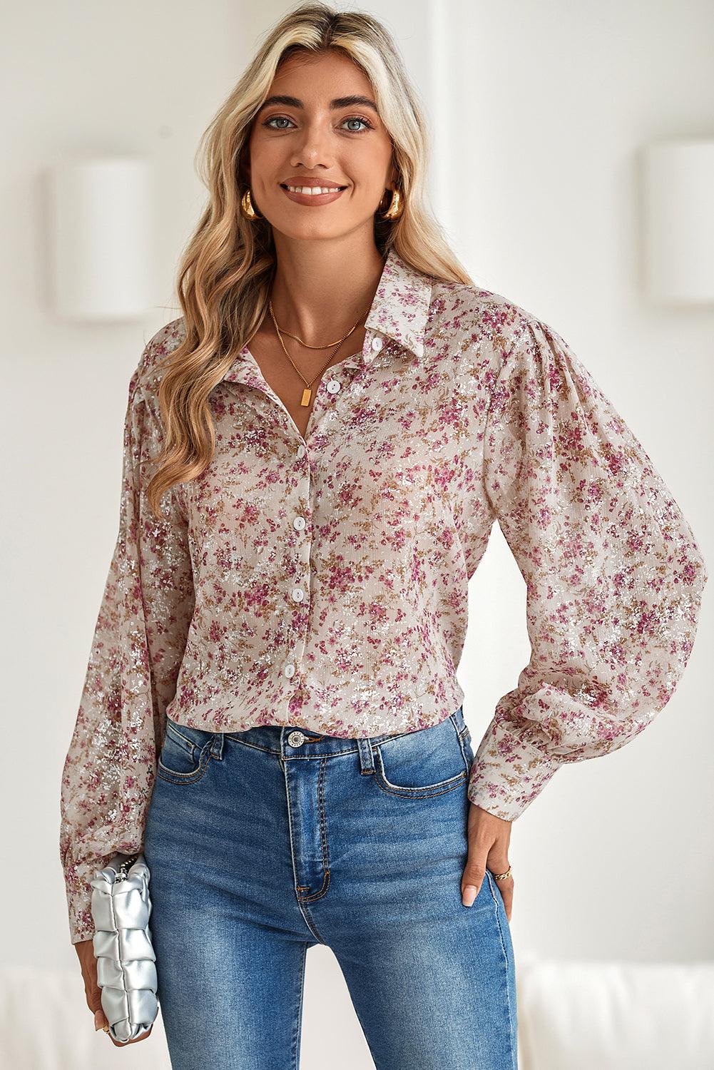 Pink Ditsy Floral Print Bishop Sleeve Collared V Neck Shirt - The Fair Lady Shop