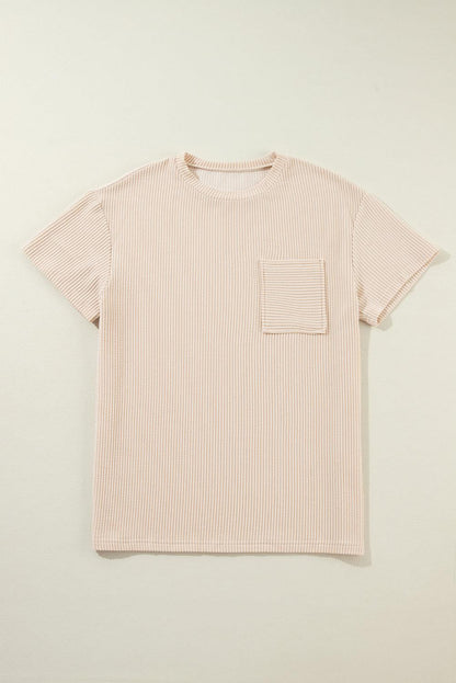 Beige Ribbed Knit Pocketed Loose Fit Crew Neck T Shirt - The Fair Lady Shop