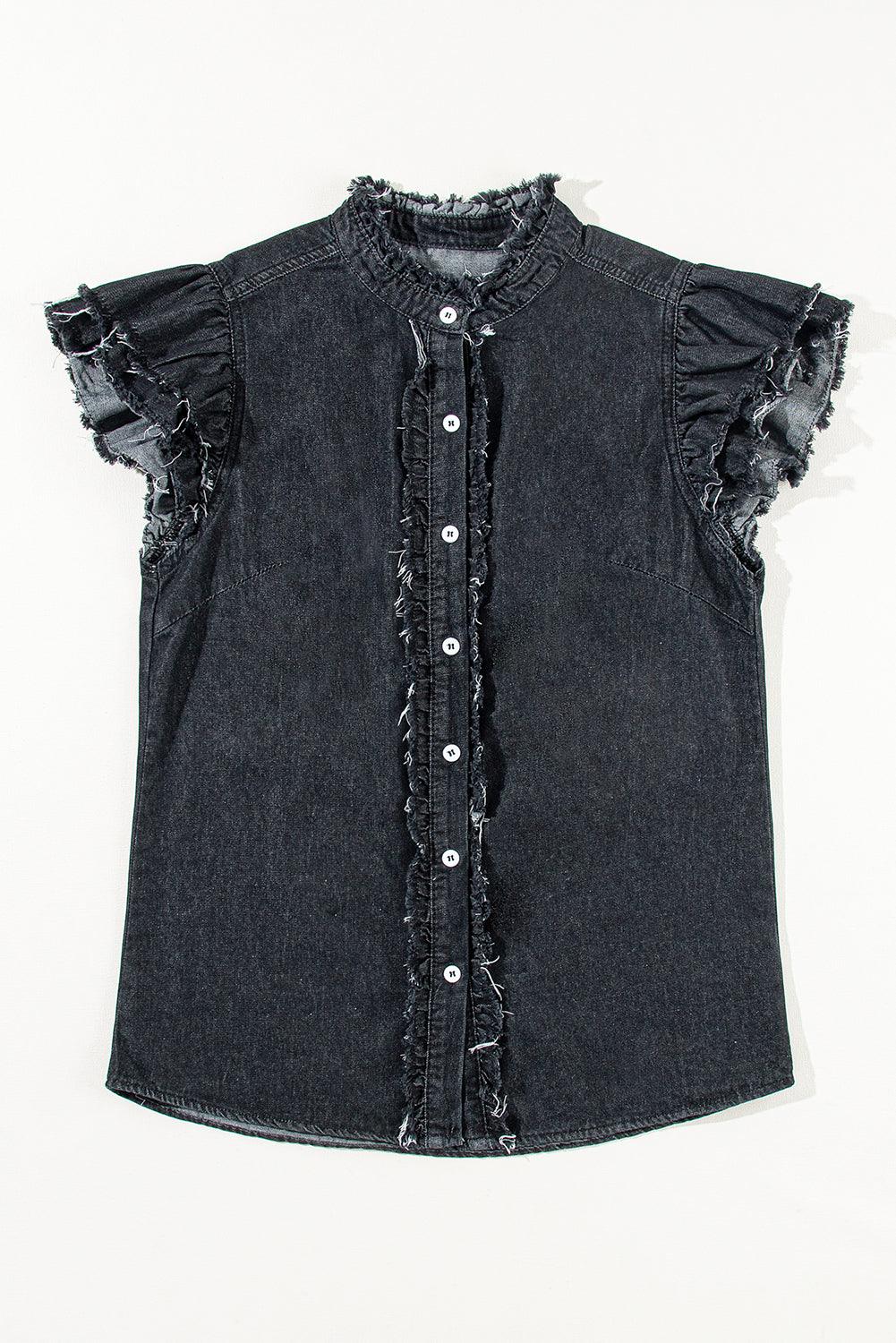 Ashleigh Blue Button Front Ruffled Flutter Frayed Denim Top - The Fair Lady Shop