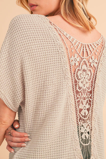 Oatmeal Guipure Lace Splicing Back Waffle Textured T-shirt - The Fair Lady Shop