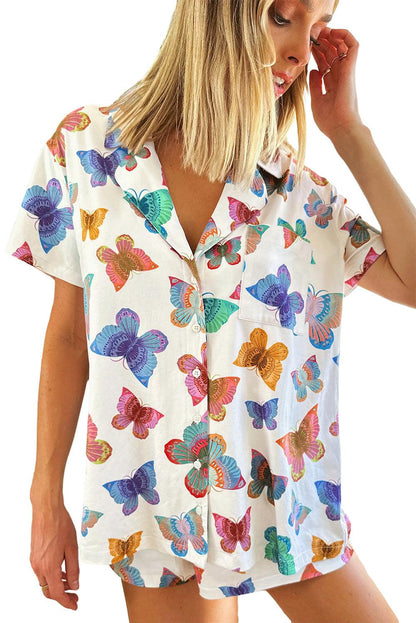 Multicolour Butterfly Print Button-up Shirt & Shorts Pajama Set - The Fair Lady Shop