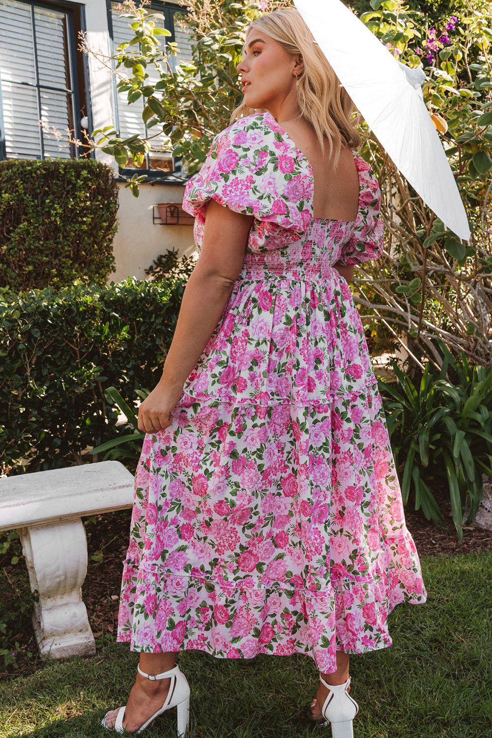 Pink Plus Size Floral Print Smocked Puff Sleeve Maxi Dress - The Fair Lady Shop