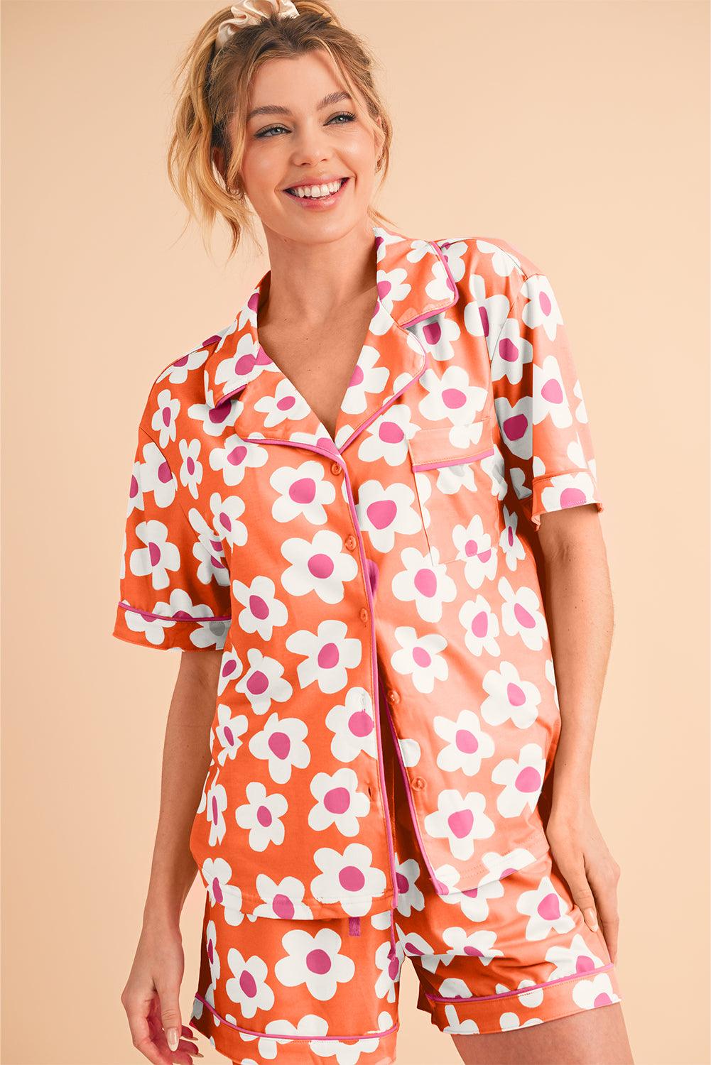 Green Flower Print Buttoned Shirt and Drawstring Waist Pajama Set - The Fair Lady Shop