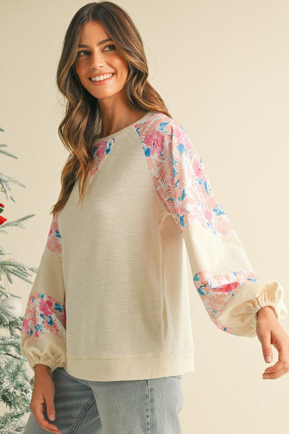 Apricot Crinkle Rib Floral Patchwork Balloon Sleeve Top - The Fair Lady Shop