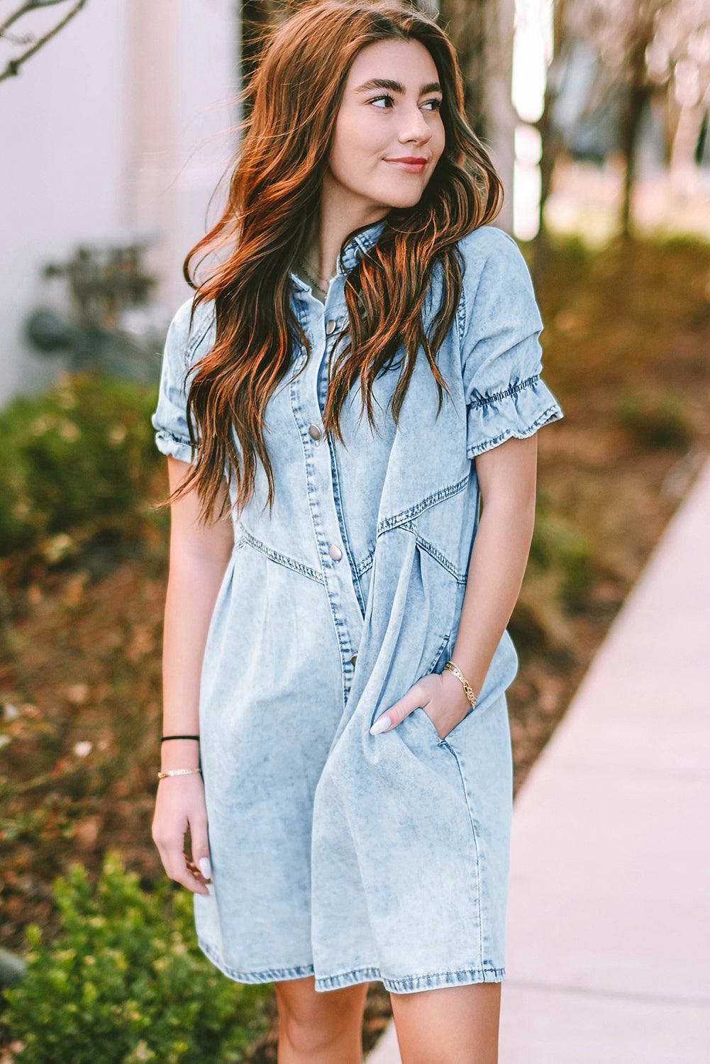 Blue Mineral Washed Ruffled Short Sleeve Pocketed Denim Dress - The Fair Lady Shop