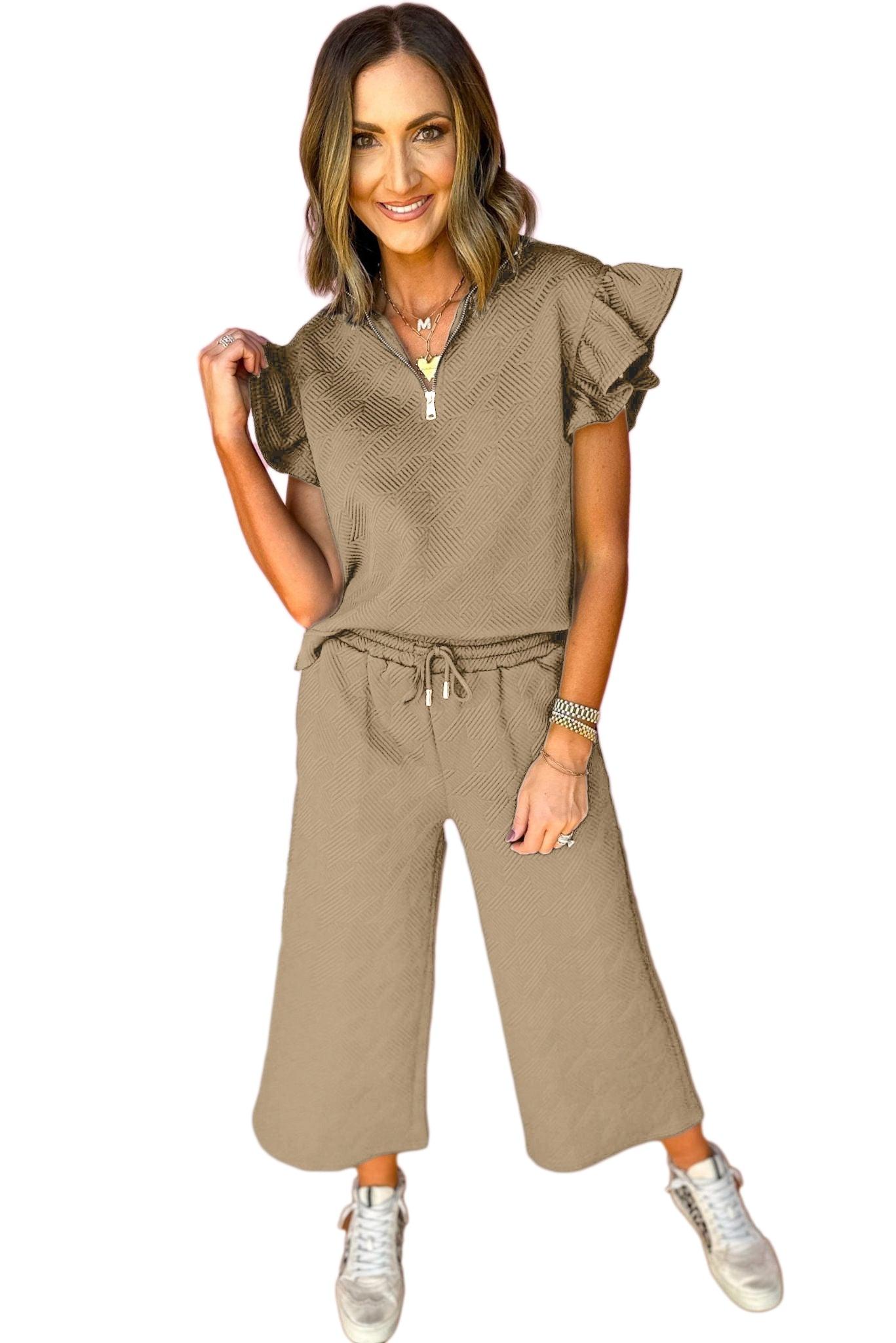 Black Textured Ruffle Cap Sleeve Top and Wide Leg Pants Set - The Fair Lady Shop