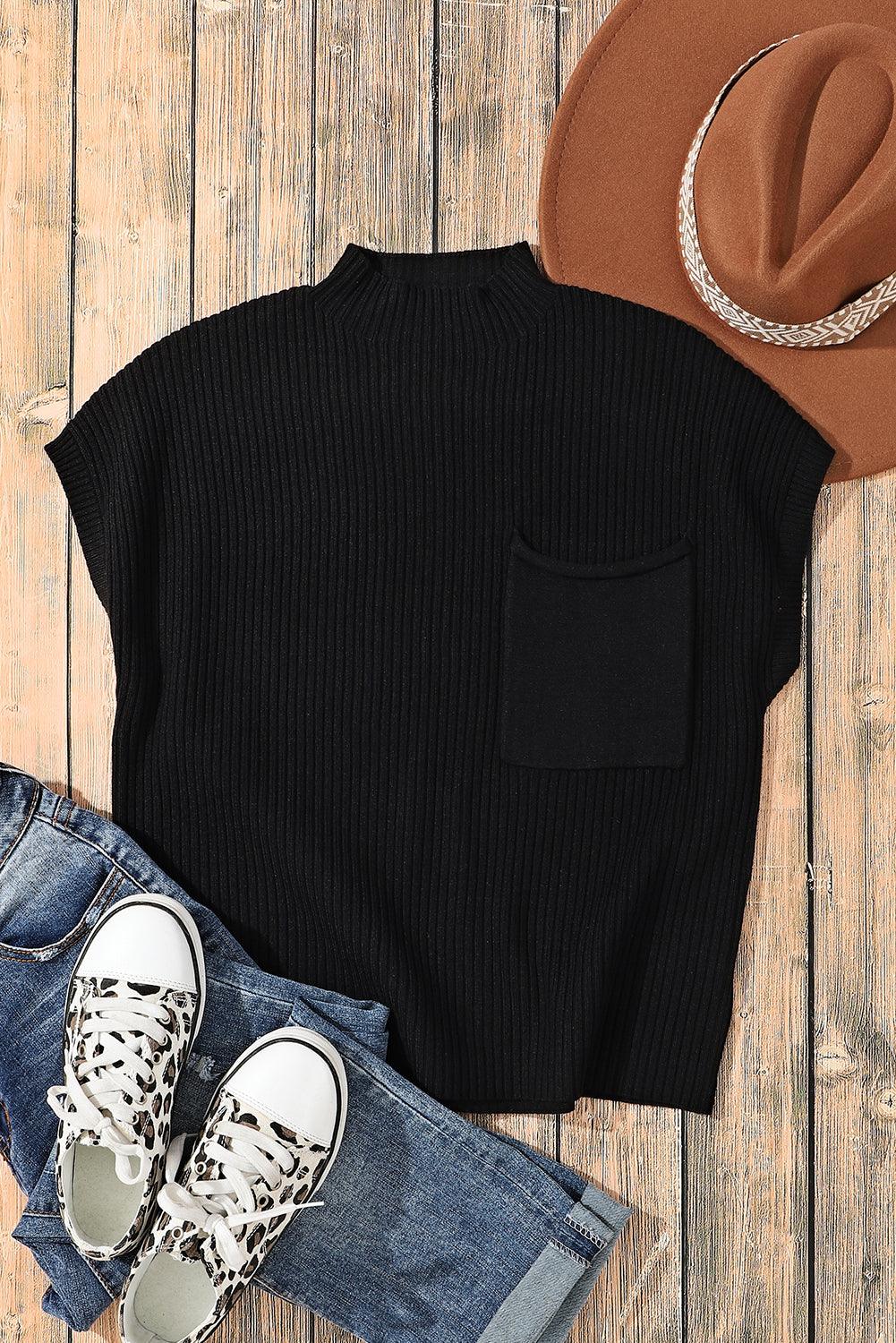 Green Patch Pocket Ribbed Knit Short Sleeve Sweater - The Fair Lady Shop