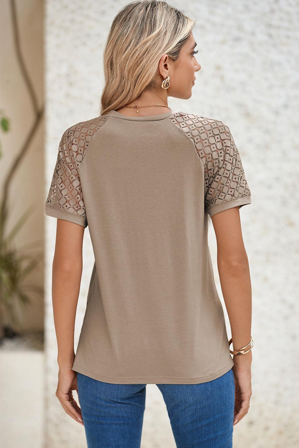 Pale Khaki Seamed Detail Contrast Lace Raglan Sleeve Tee - The Fair Lady Shop