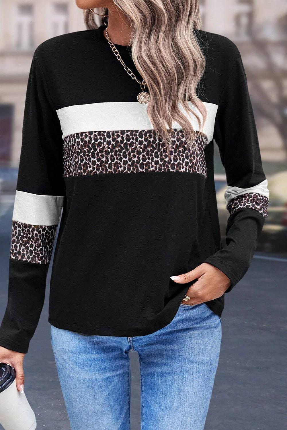 White Leopard Colorblock Patchwork Crew Neck Top - The Fair Lady Shop