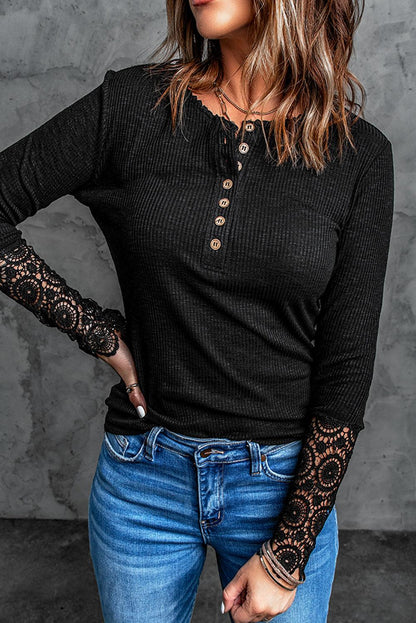 Beige Ribbed Lace Crochet Long Sleeve Henley Shirt for Women - The Fair Lady Shop