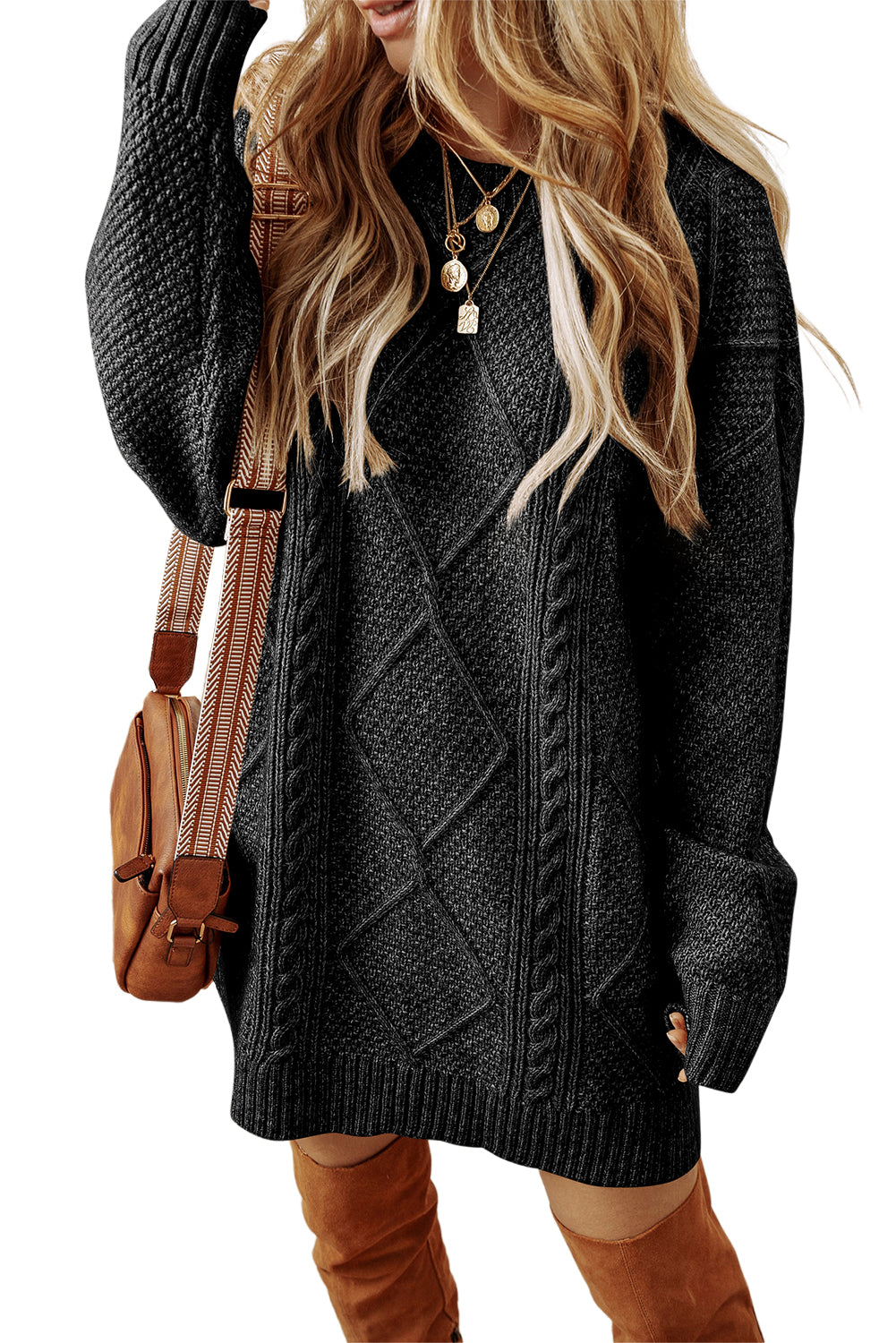 Black Twist Cable Knit Drop Shoulder Loose Fit Sweater Dress - The Fair Lady Shop