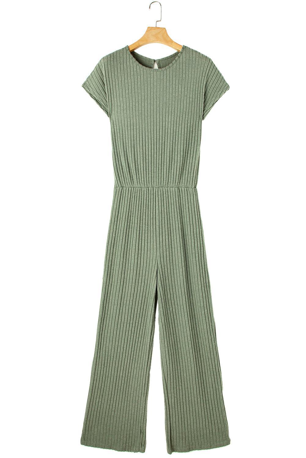 Grass Green Solid Color Ribbed Short Sleeve Wide Leg Jumpsuit - The Fair Lady Shop