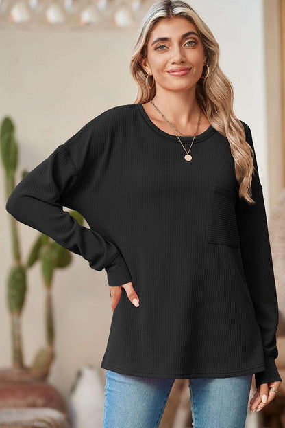 Apricot Pocketed Ribbed Long Sleeve Top - The Fair Lady Shop