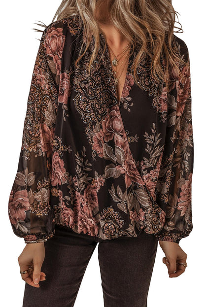 Black Floral Print Criss Cross V Neck Balloon Sleeve Blouse - The Fair Lady Shop