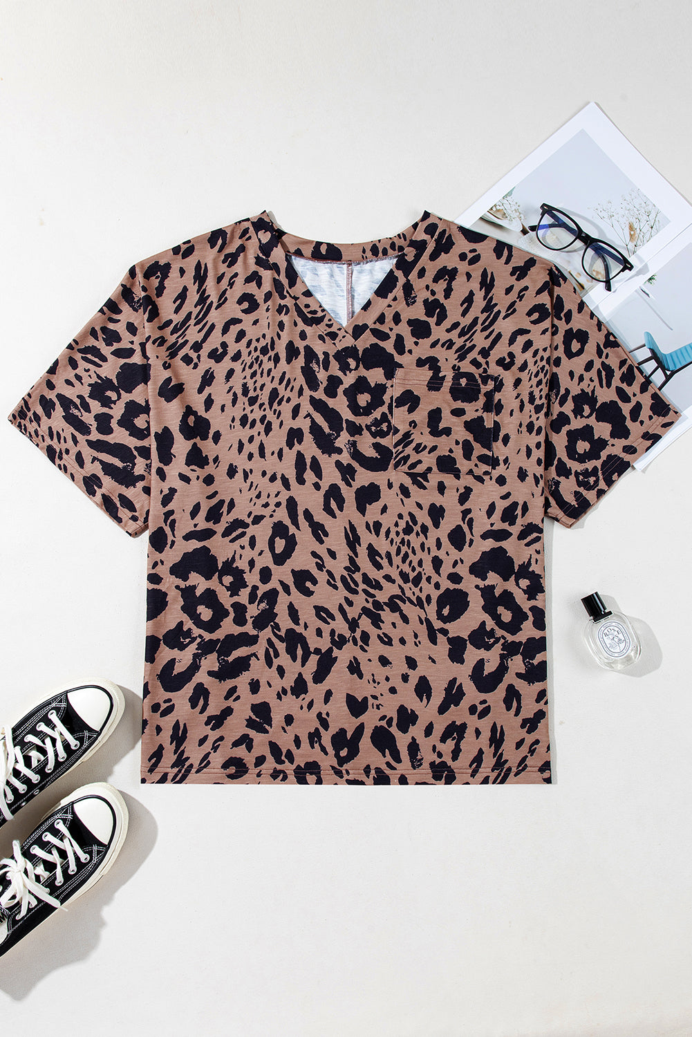 Brown Leopard Print V Neck Half Sleeve Oversized Tee - The Fair Lady Shop